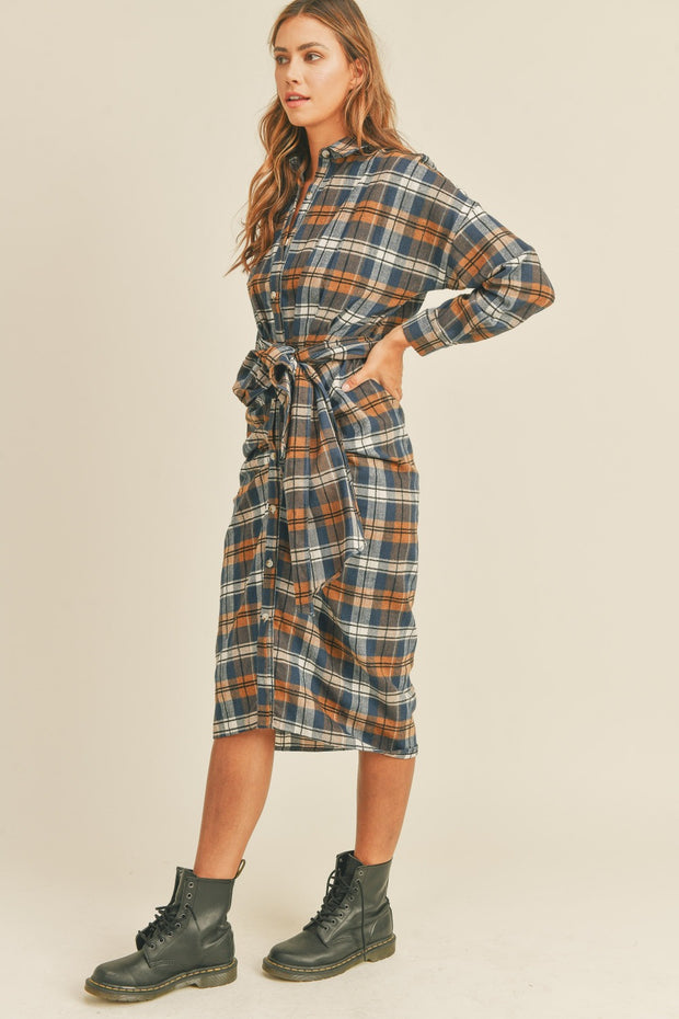 Mable Plaid Flannel Front Tie Button Down Shirt Dress - Fashionmj