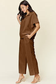 Double Take Full Size Texture Half Zip Short Sleeve Top and Pants Set - Fashionmj