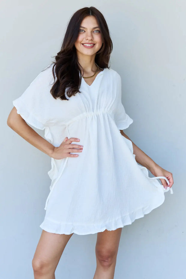 Ninexis Out Of Time Full Size Ruffle Hem Dress with Drawstring Waistband in White - Fashionmj