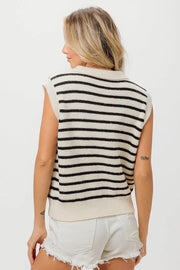 BiBi Flower Patch Striped Half Button Sweater Vest - Fashionmj