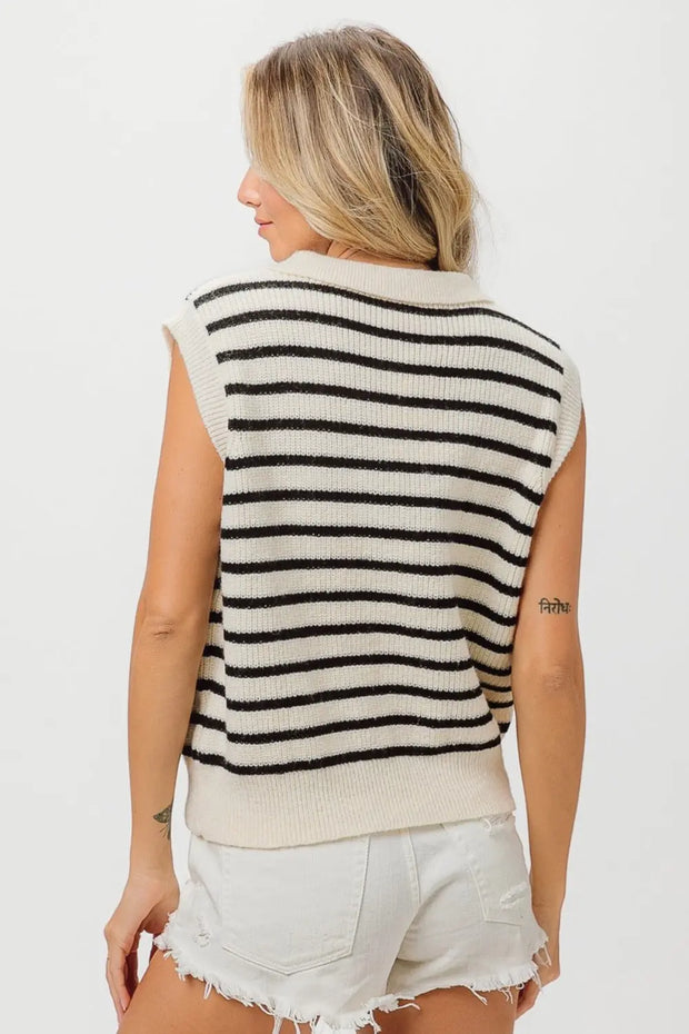 BiBi Flower Patch Striped Half Button Sweater Vest - Fashionmj