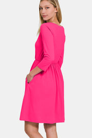 Zenana Three-Quarter Sleeve Surplice Dress with Pockets - Fashionmj