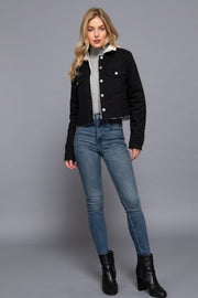 Black Button Closure Sherpa-Lined Twill Jacket on Model