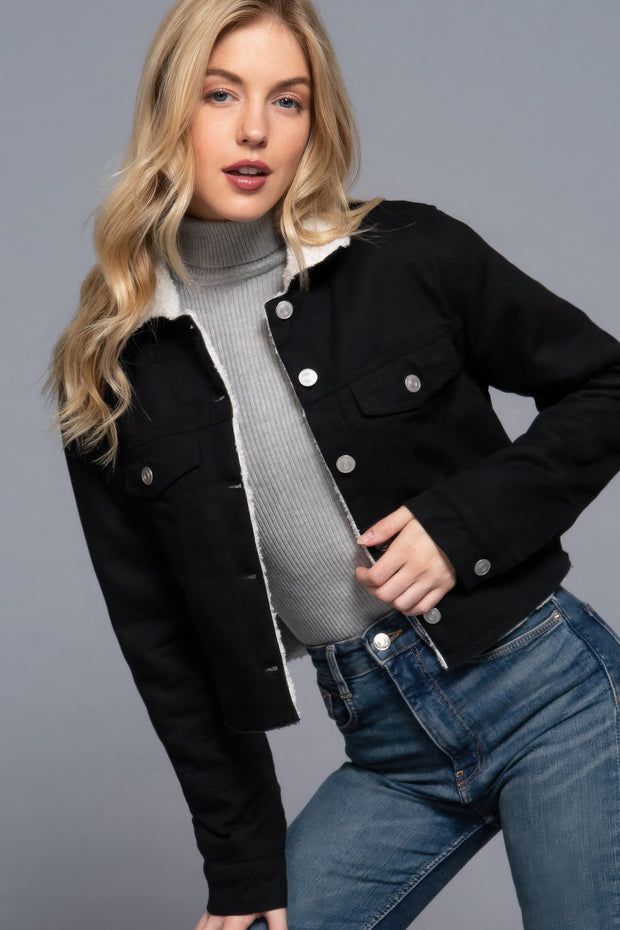 Black Sherpa-Lined Twill Jacket Featuring Cozy Lining