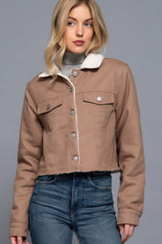 Button Closure Sherpa-Lined Twill Jacket in Cocoa