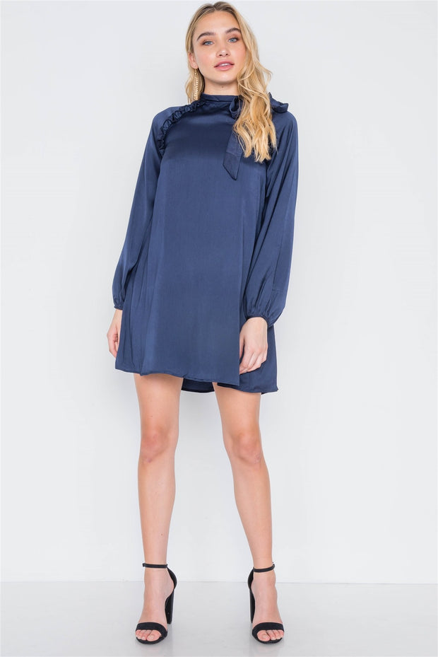 Satin Long Sleeve Side-tie Mini Dress - Fashionmj