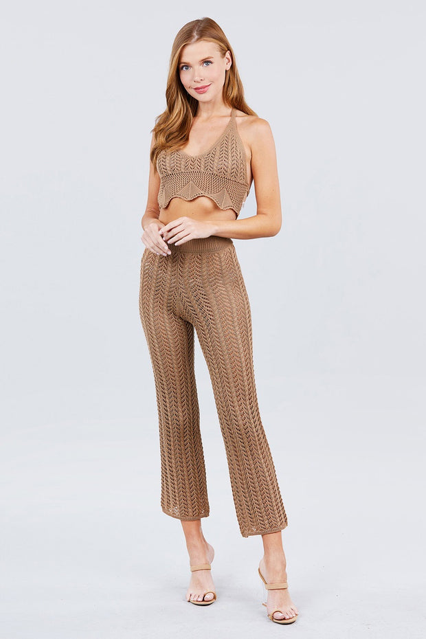 Flare Long Fishnet Sweater Pants - Fashionmj