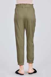 Paperbag W/bow Tie Elastic Hem Long Linen Pants - Fashionmj