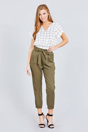 Paperbag W/bow Tie Elastic Hem Long Linen Pants - Fashionmj