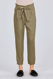 Paperbag W/bow Tie Elastic Hem Long Linen Pants - Fashionmj