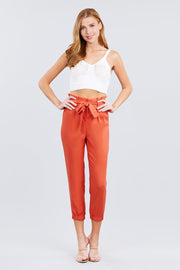 Paperbag W/bow Tie Elastic Hem Long Linen Pants - Fashionmj