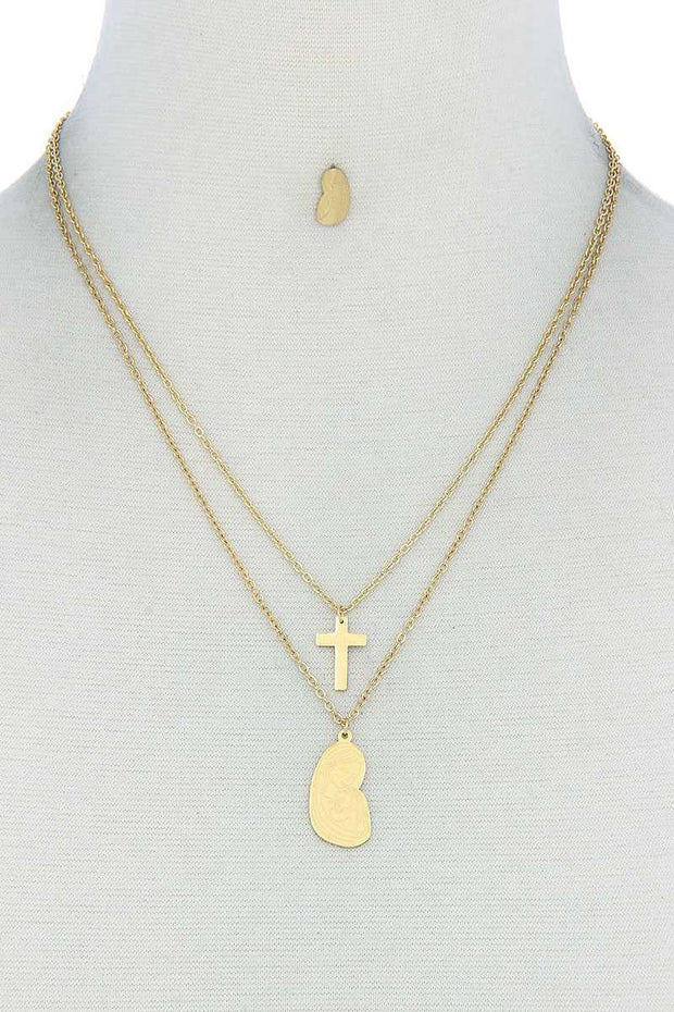 Stylish Double Layer Cross And Mary Necklace And Earring Set - Fashionmj