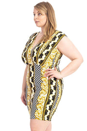 Plus Size Boarder Print  V-neck Bodycon Dress - Fashionmj