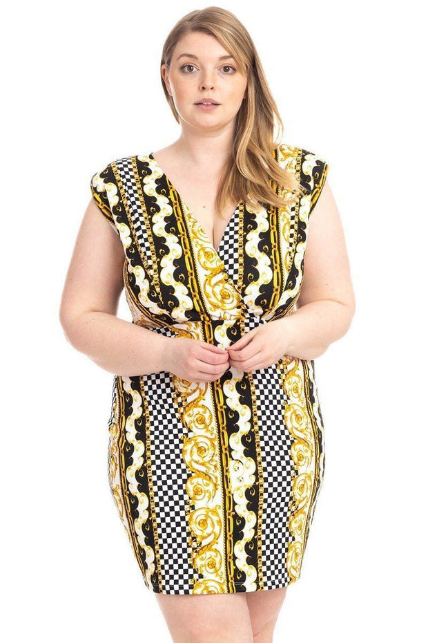 Plus Size Boarder Print  V-neck Bodycon Dress - Fashionmj