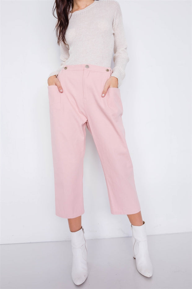 Pastel Chic Solid Ankle Wide Leg Adjustable Snap Waist Pants - Fashionmj