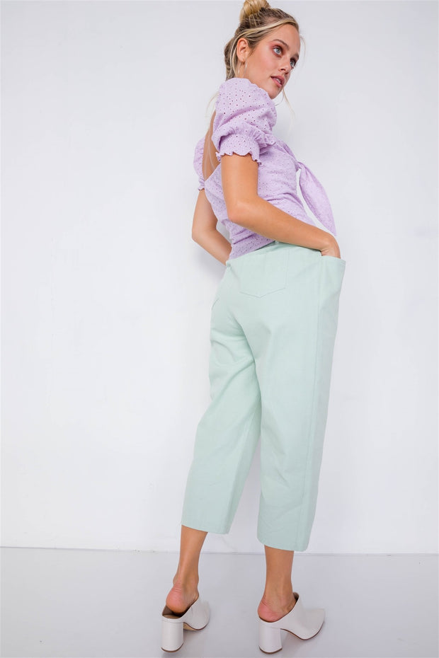 Pastel Chic Solid Ankle Wide Leg Adjustable Snap Waist Pants - Fashionmj