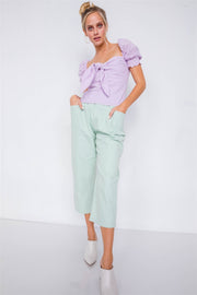 Pastel Chic Solid Ankle Wide Leg Adjustable Snap Waist Pants - Fashionmj