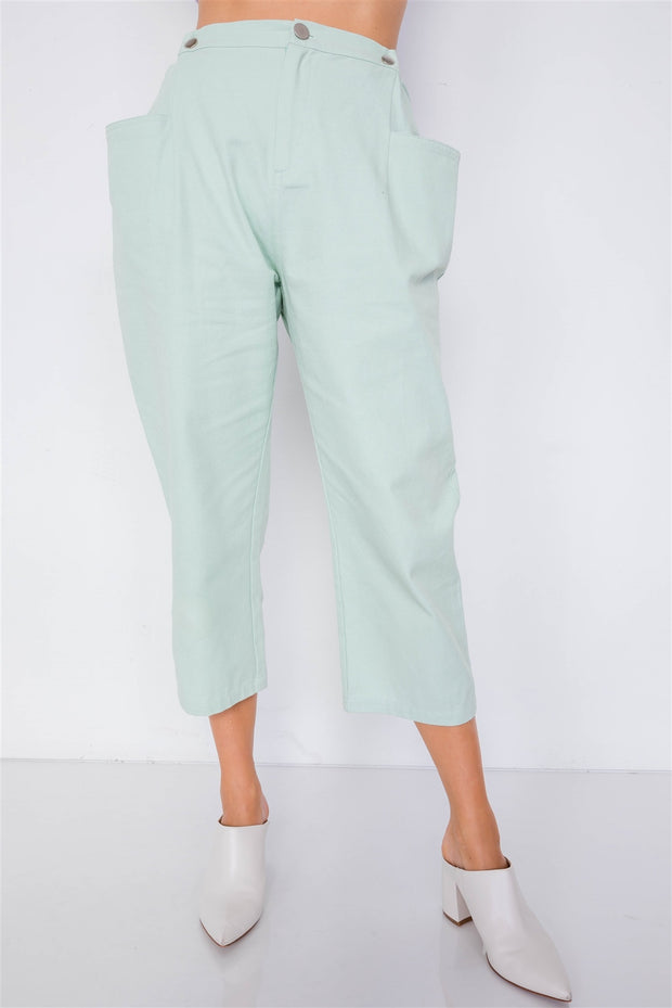 Pastel Chic Solid Ankle Wide Leg Adjustable Snap Waist Pants - Fashionmj