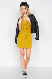 Mustard Ribbed V-neck Cap Sleeve Mini Solid Casual Dress - Fashionmj