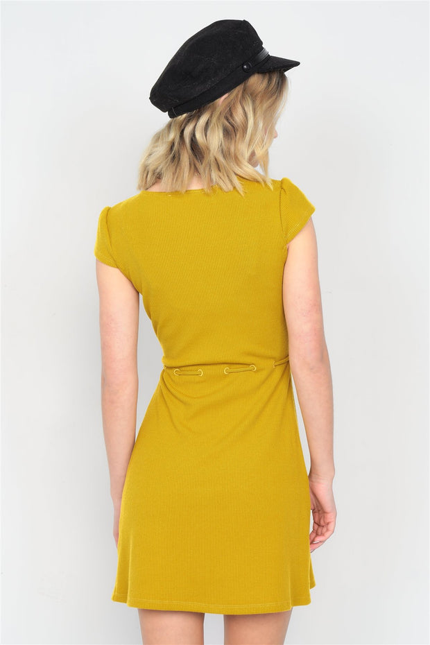 Mustard Ribbed V-neck Cap Sleeve Mini Solid Casual Dress - Fashionmj