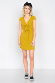 Mustard Ribbed V-neck Cap Sleeve Mini Solid Casual Dress - Fashionmj