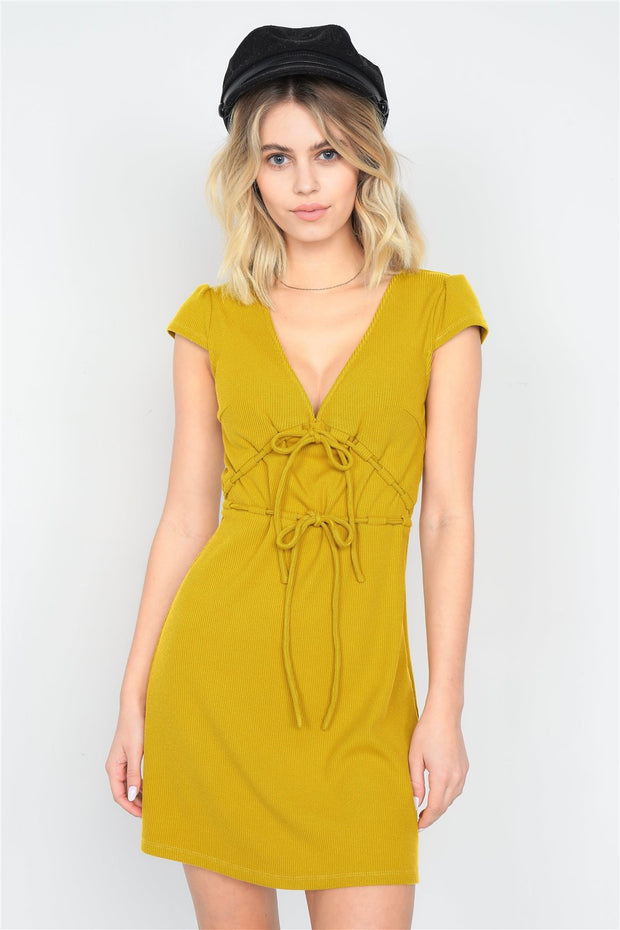 Mustard Ribbed V-neck Cap Sleeve Mini Solid Casual Dress - Fashionmj