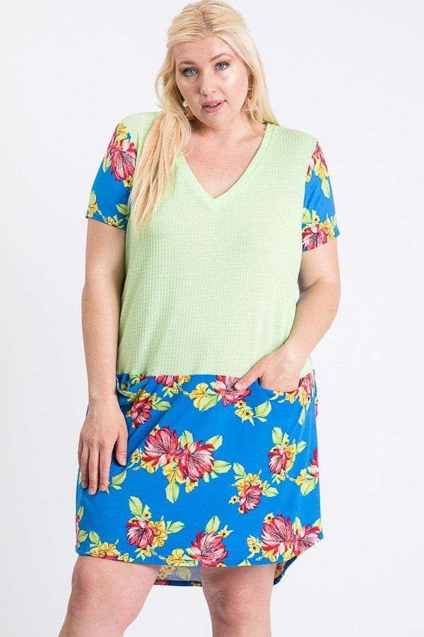 Short Sleeve Floral Blocked Midi Dress With Front Pocket - Fashionmj