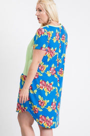 Short Sleeve Floral Blocked Midi Dress With Front Pocket - Fashionmj