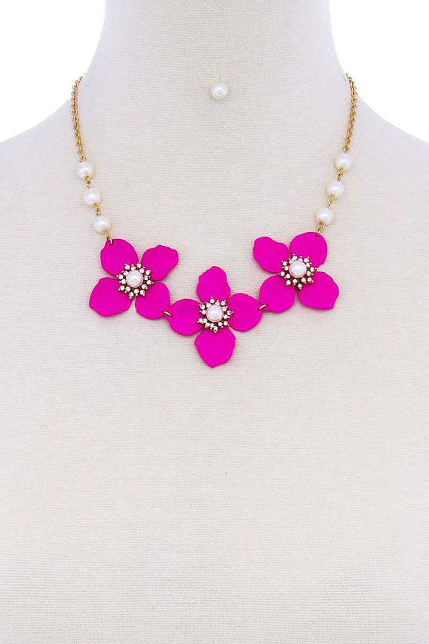 Stylish Flower And Pearl Necklace Set - Fashionmj