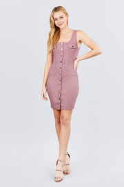 Sleeveless Deep Square Neck Button Down Detail Mini Woven Dress - Fashionmj