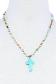 Chic Beaded And Cross Pendant Necklace - Fashionmj