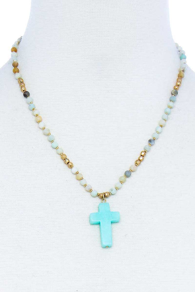 Chic Beaded And Cross Pendant Necklace - Fashionmj