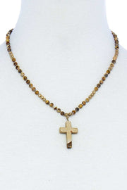 Chic Beaded And Cross Pendant Necklace - Fashionmj