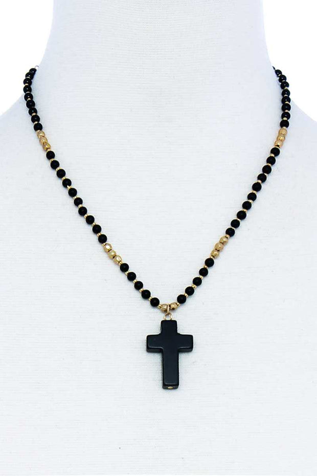 Chic Beaded And Cross Pendant Necklace - Fashionmj