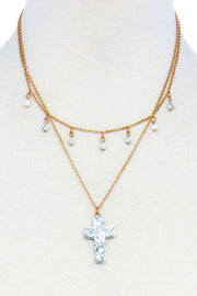 Double Layered Cross Pendant Chain Necklace - Fashionmj