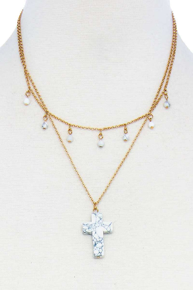 Double Layered Cross Pendant Chain Necklace - Fashionmj