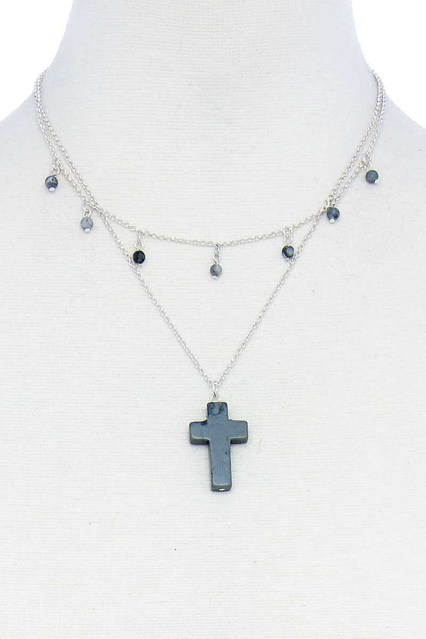 Double Layered Cross Pendant Chain Necklace - Fashionmj