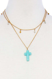 Double Layered Cross Pendant Chain Necklace - Fashionmj