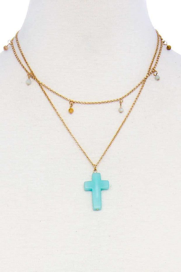 Double Layered Cross Pendant Chain Necklace - Fashionmj