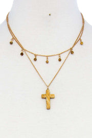 Double Layered Cross Pendant Chain Necklace - Fashionmj