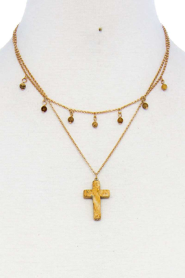 Double Layered Cross Pendant Chain Necklace - Fashionmj