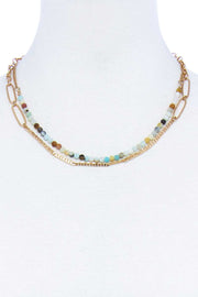 Double Layer Beaded And Chain Necklace - Fashionmj