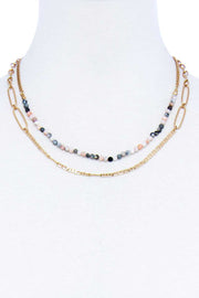 Double Layer Beaded And Chain Necklace - Fashionmj