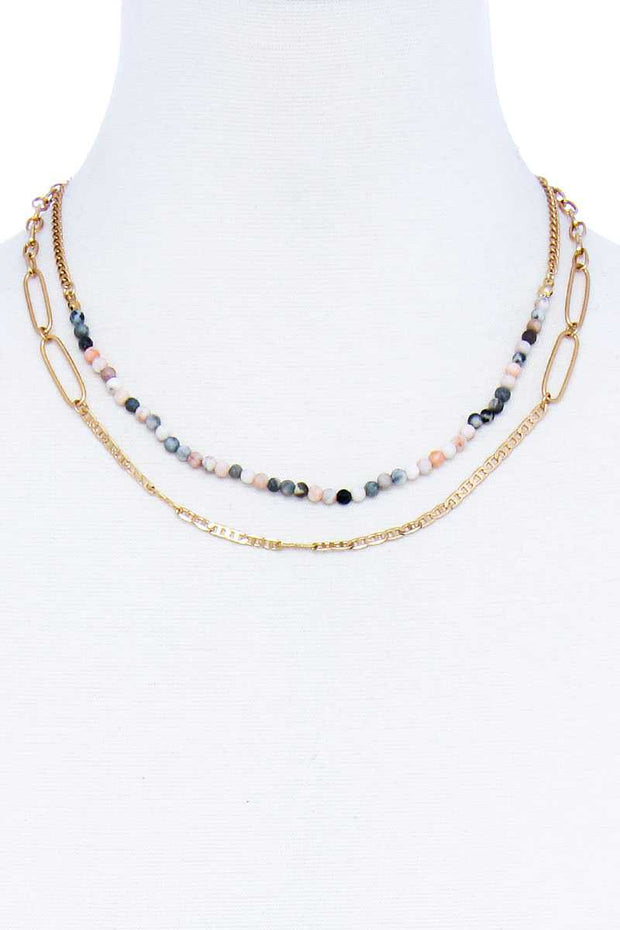 Double Layer Beaded And Chain Necklace - Fashionmj