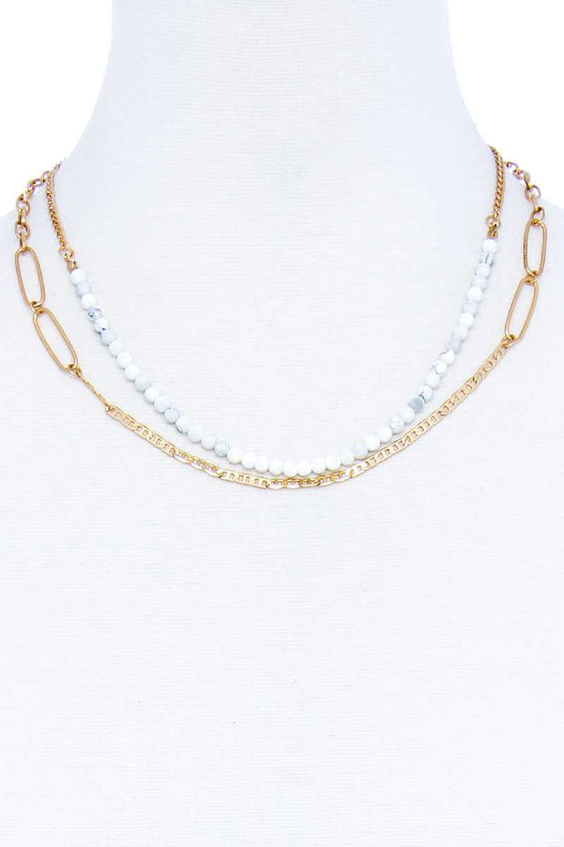 Double Layer Beaded And Chain Necklace - Fashionmj