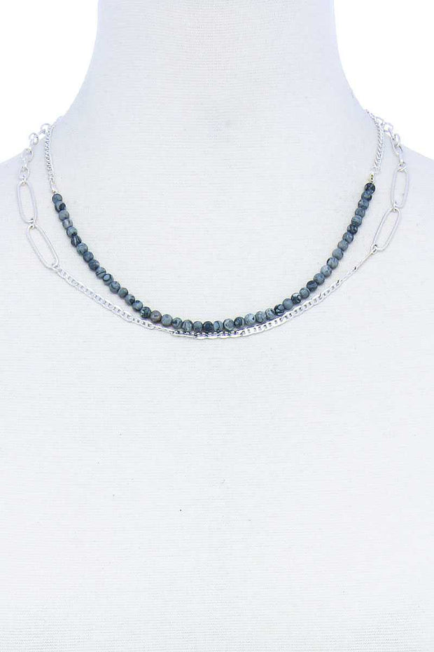 Double Layer Beaded And Chain Necklace - Fashionmj