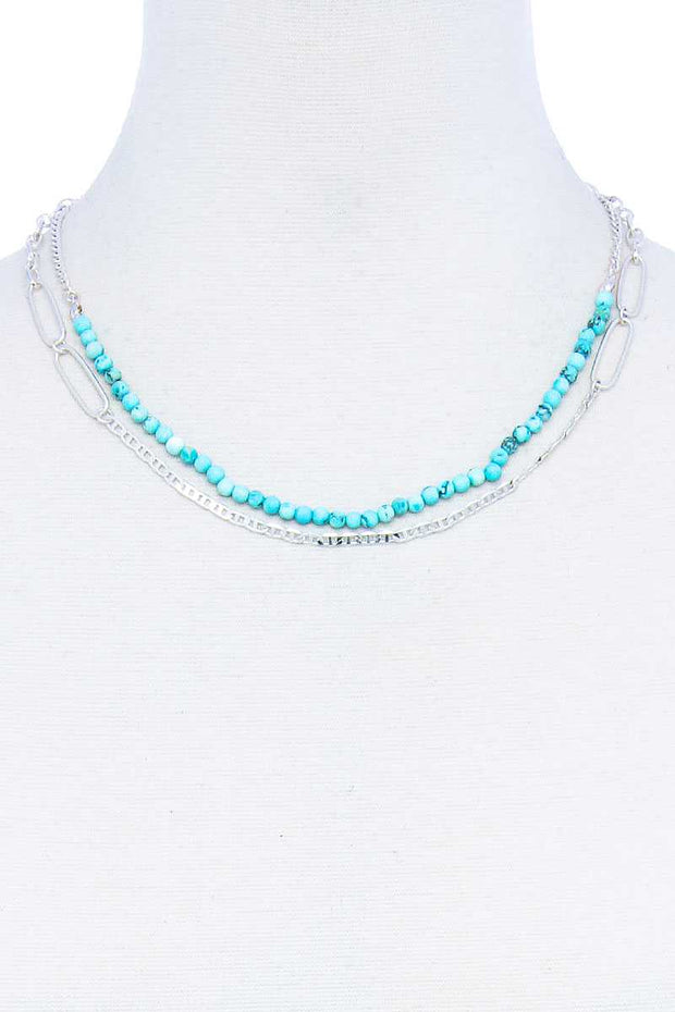 Double Layer Beaded And Chain Necklace - Fashionmj