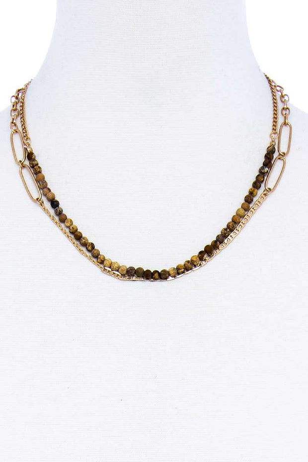 Double Layer Beaded And Chain Necklace - Fashionmj