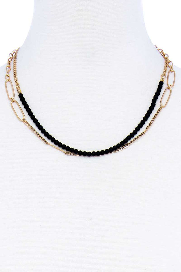 Double Layer Beaded And Chain Necklace - Fashionmj