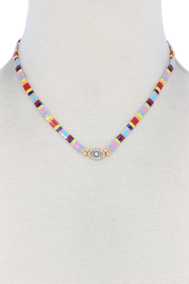 Evil Eye Charm Color Block Necklace - Fashionmj